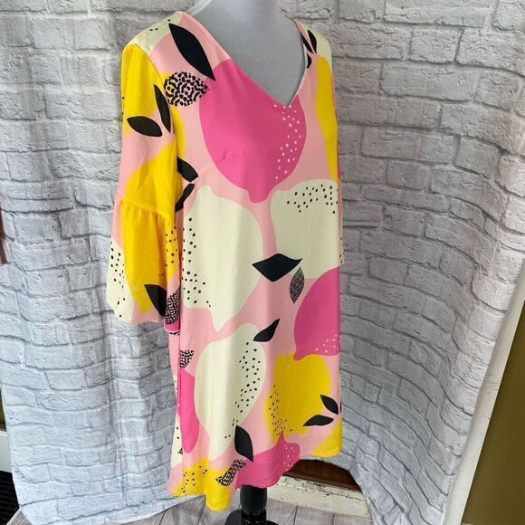 Feifeiyu women L v-cut lemon print fully lined shift dress 3/4 flutter sleeve - Picture 5 of 11